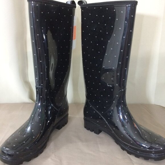 NEW Hisea Rain Boot Womens Mid Calf Polka Dot Navy Fabric Inside Size 6 - Picture 1 of 7